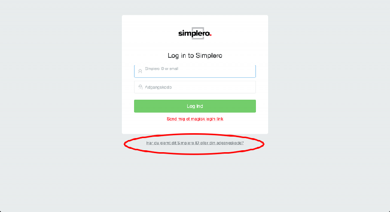Klik på ‘Har du glemt dit Simplero ID eller din adgangskode?’. Du kommer nu ind på en ny side, hvor du også kan indtaste dit Simplero ID eller din e-mailadresse