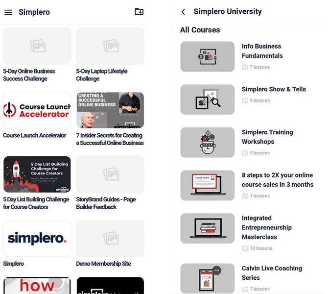 Dine medlemssider og kurser i Simpleros app