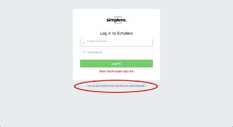 Klik på ‘Har du glemt dit Simplero-ID eller din adgangskode. Du kommer nu ind på en ny side hvor du også kan indtaste dit Simplero ID eller din e-mailadresse
