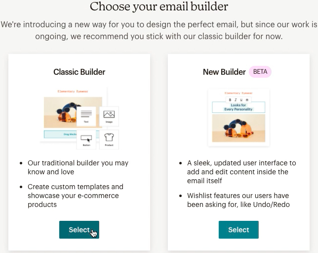 Vælg hvilken e-mail builder du ønsker at benytte